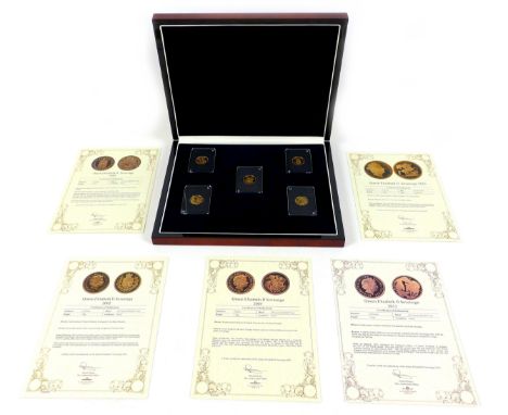 An Elizabeth II gold proof sovereign five coin set, comprising 1989 Tudor Rose proof sovereign, 2002 Royal arms shield proof 