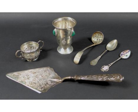 A group of Victorian and later silver items, including a sifting spoon, indistinct maker's mark, London 1862,  salt, rubbed m