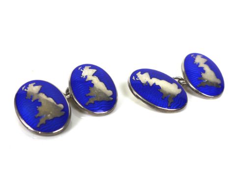 A pair of Hackett silver and blue enamel cufflinks, oval form, depicting Great Britain, with chain links, 2 by 1.5cm, 15.8g, 