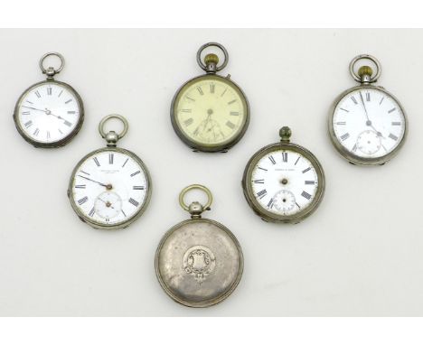 A group of six Victorian silver pocket watches, all with white enamel dials and Roman numerals, one marked William Lowry, Ant