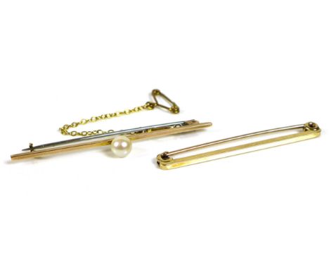 Two 9ct gold bar brooches, the first set with a single cultured pearl, 5.2cm, with safety chain, 2g, the second of plain desi