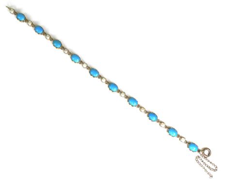 A 9ct gold, pearl and turquoise bracelet, formed of turquoise cabochons interspersed with half pearls, 19cm long by 5mm wide,
