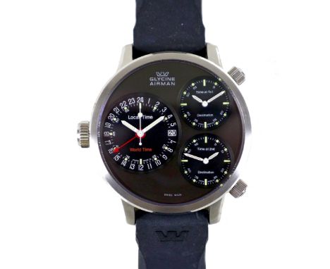 A Glycine Airman stainless steel cased gentleman's wristwatch, ref. 3841, the circular black dial inset with three individual