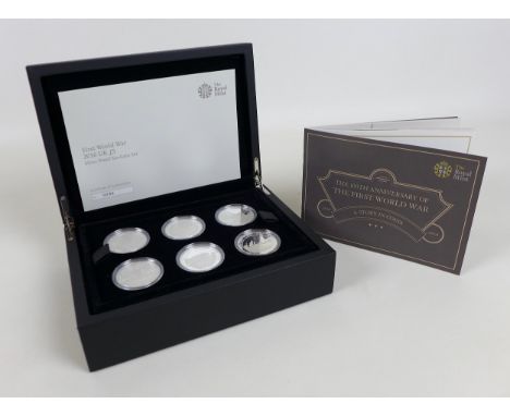 A limited edition Elizabeth II Royal Mint commemorative silver proof six £5 coin set, 2016 'The 100th Anniversary of the Firs