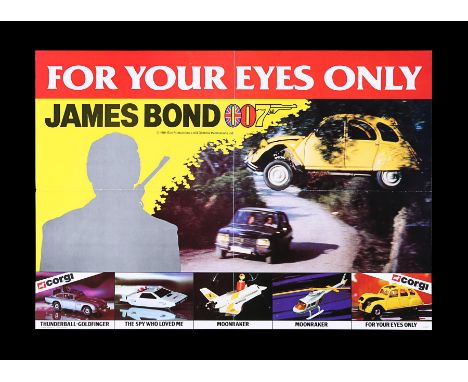 UK "Corgi" toy car poster for "For Your Eyes Only" (1981). The poster presents a silhouette image of Bond and a photographic 