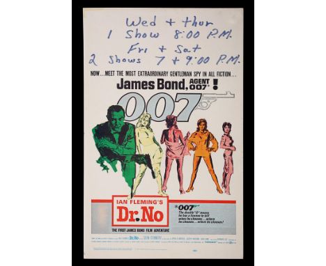 US Window Card for "Dr. No" (1962). This example has the blank upper infilled with viewing details and remains unfolded.14" x