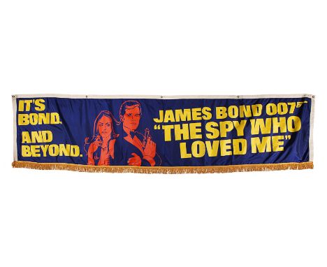 US Banner Display for "The Spy Who Loved Me" (1977). The banner has hanging holes to upper edge and a tassel fringe to lower 