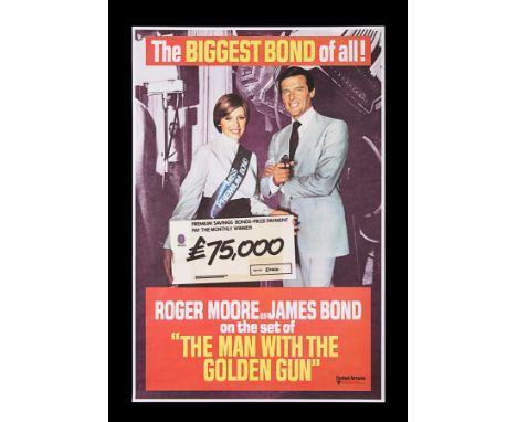 UK "Premium Bond" poster for "The Man With The Golden Gun" (1974). The poster shows Roger Moore posing with "Miss Premium Bon