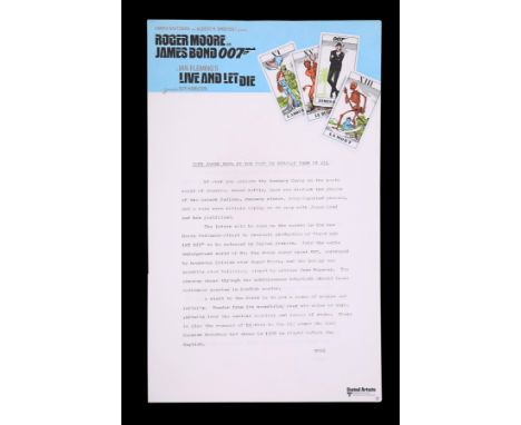Five UK press releases for "Live and Let Die" (1973). The press releases are entitled "Setting The Scene For James Bond" (fou