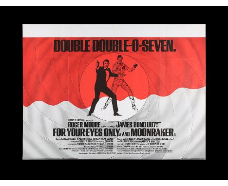 UK Quad double-bill poster for the two Roger Moore James Bond films, "For Your Eyes Only" (1981) and "Moonraker" (1979), this