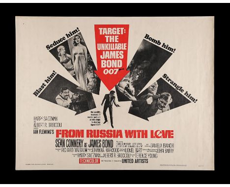 US Half-Sheet poster for "From Russia With Love" (1963). The poster presents a tiny image of Bond with arrowed "threats" surr