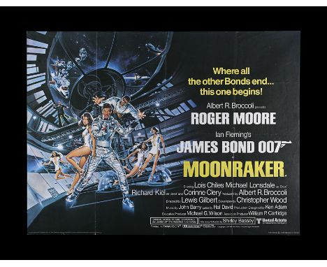 UK Quad poster for the Roger Moore James Bond film "Moonraker" (1979). This is the "alternate credits" version of the Quad wi