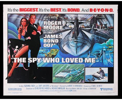 Two card-backed US posters: US Half-Sheet for "The Spy Who Loved Me" (1977) and US Promo poster for "Moonraker" (1979). Both 
