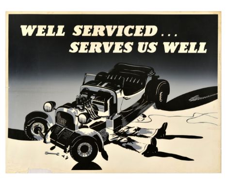 Original vintage work motivation poster - Well serviced... Serves us well - featuring an illustration of a mechanic under a v