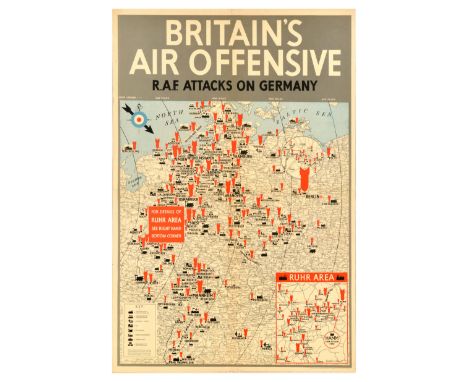 Original vintage World War Two map poster - Britains Air Offensive RAF Attacks on Germany - Illustrated map of Germany featur