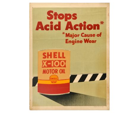 Original vintage advertising poster for Shell X-100 Motor Oil featuring a great design of an oil can in front of a black and 