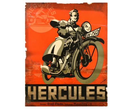 Original vintage advertising poster for Hercules motorcycle featuring a dynamic image of a gentleman in a trench coat riding 