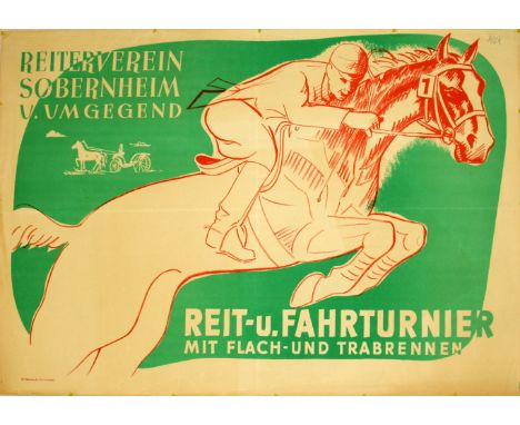 Original vintage poster for an equestrian competition at Sobernheim Riding Club - Design features a red illustration of a hor
