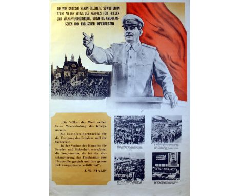 Original vintage East German communist propaganda poster featuring a picture of Stalin and popular protests in various cities