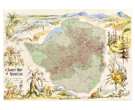 Original vintage double-sided travel poster A Tourist Map of Rhodesia with the map of the country in the centre surrounded by
