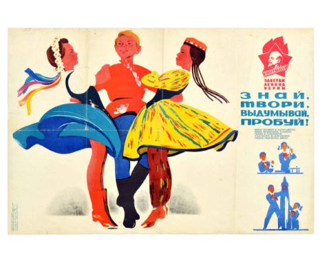Original vintage Soviet propaganda poster - Know, create, invent, try! Young technicians and naturalists, young musicians, da
