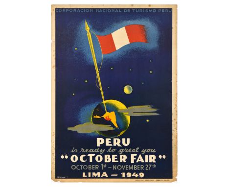 Original vintage travel advertising poster for October Fair from 1 October - 27 November 1949 in Lima, Peru, featuring a grea