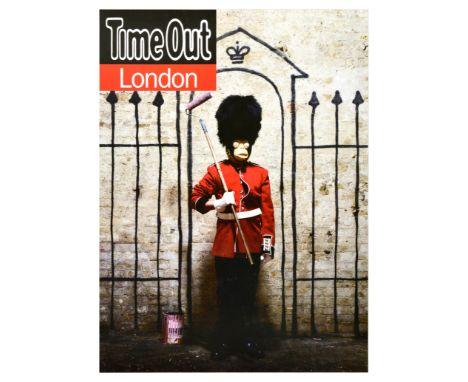 Original vintage travel poster Time Out London featuring a Queens Guard with a monkey face dressed in an unbuttoned uniform h