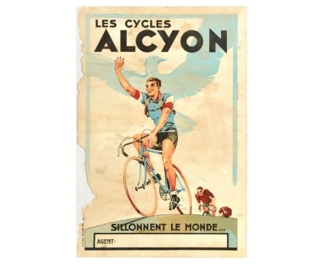 Original vintage advertising poster - Alcyon cycles travel the world / Les cycles Alcyon sillonnent le monde - featuring an i