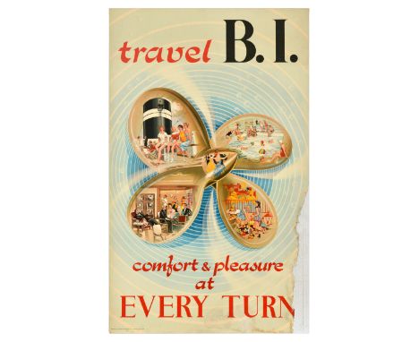 Original vintage travel advertising poster for British India Steam Navigation Company - travel B.I. comfort &amp; pleasure at