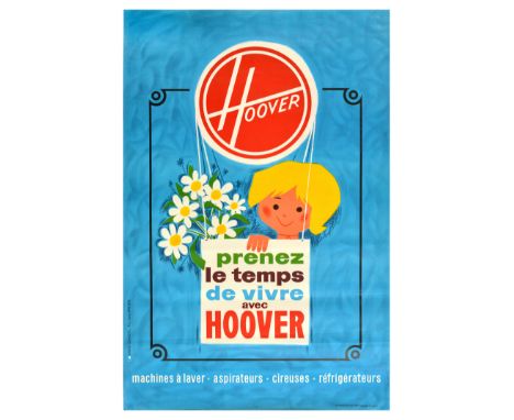 Original vintage advertising poster for Hoover household appliances featuring a smiling blond child holding a daisy bouquet s