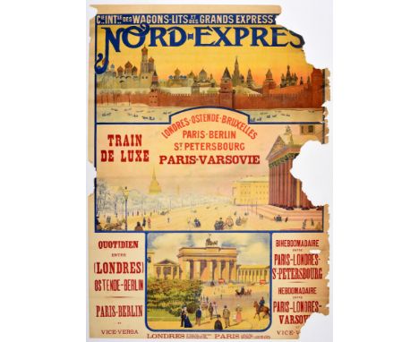 Original antique travel poster for Nord-Express Train de Luxe featuring illustrations of Moscow's Kremlin, and Berlin's Brand
