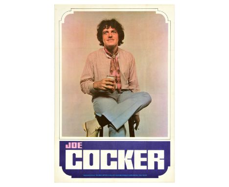 Original vintage music poster for Joe Cocker featuring a photograph of him in a pink striped shirt, silk scarf, and blue trou
