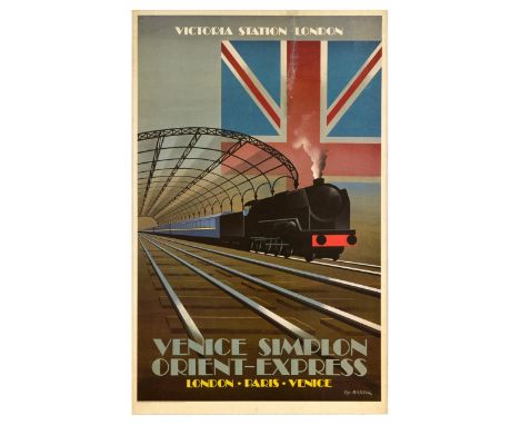 Original vintage railway travel advertising poster for the Venice Simplon Orient Express London Paris Venice featuring an ele