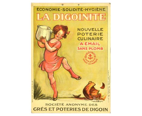 Original vintage advertising poster for La Digoinite, a new culinary pottery, with lead-free enamel featuring a smiling girl 