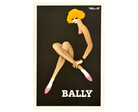 Original vintage advertising poster for Bally Shoes featuring stunning artwork by the renowned graphic artist Bernard Villemo