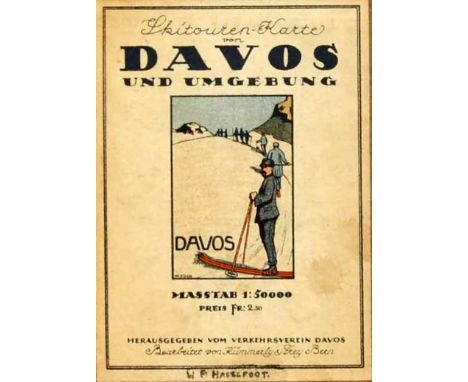 Original antique Ski touring map of Davos and surroundings / Skitouren karte von Davos und Umgebung, featuring an illustratio