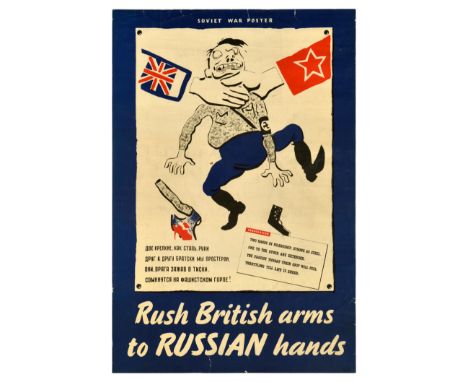 Original vintage World War Two propaganda poster - Soviet War Poster Rush British arms to Russian hands - featuring a cartoon