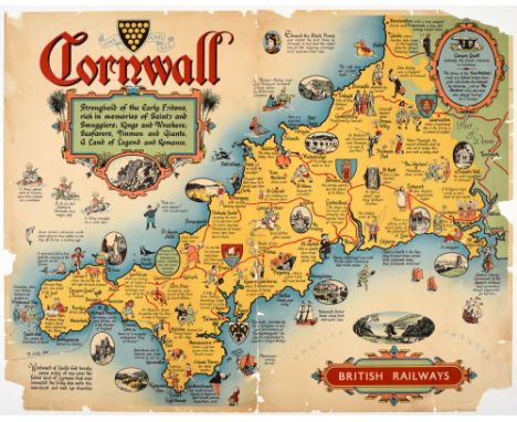 Original vintage British Railways poster for Cornwall in South West England featuring a fun and colourful pictorial map depic