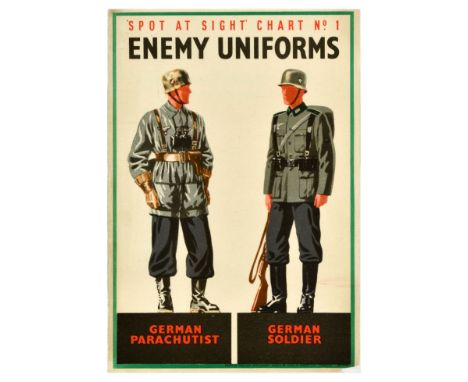 Original vintage World War Two poster - Spot at Sight Chart No. 1 Enemy Uniforms featuring an illustration of a German parach
