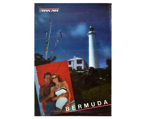 Original vintage travel poster by Pan Am for Bermuda featuring a photograph of Gibb's Hill Lighthouse and an inset of a smili