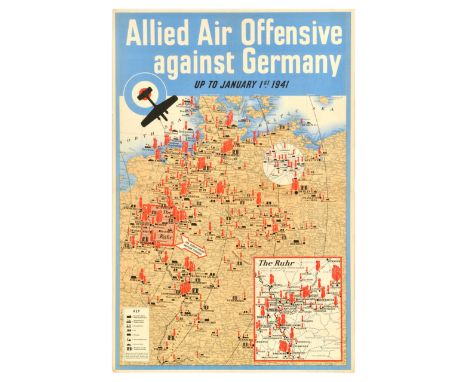 Original vintage World War Two map poster - Allied Air Offensive Against Germany Up to January 1st 1941 - Illustrated map of 
