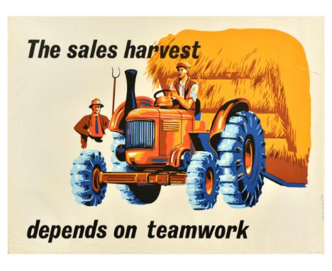 Original vintage work motivation poster - The sales harvest depends on teamwork - featuring an illustration of a worker on a 