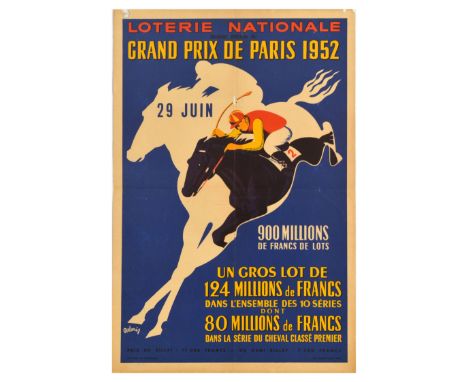 Original vintage poster for the French National Lottery - Loterie Nationale Grand Prix de Paris 1952, featuring a dynamic ima