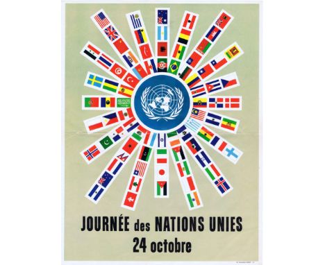 Original vintage poster commemorating United Nations Day October 24 / Journee des Nations Unies, 24 Octobre - Design features