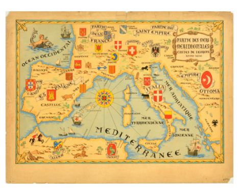 Original vintage hand drawn map Part of the Southern Seas Costs of Europe Year 1630 / Partie Des Mers Meridionales Costes de 