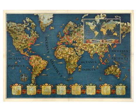 Original vintage advertising poster for Philips Radio featuring a pictorial map of the world with animals, people and buildin