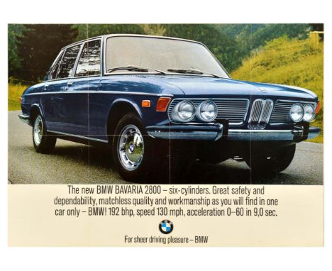 Original vintage advertising poster for BMW featuring a photograph of a car on the road with green mountains in the backgroun