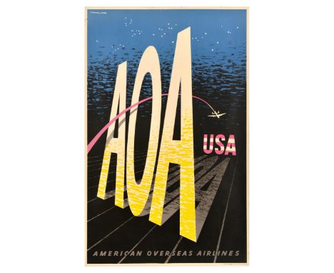 Original vintage travel advertising poster for American Overseas Airlines designed by the notable design team Lewitt-Him (193