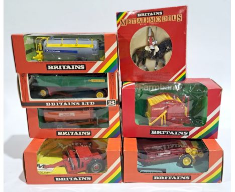 Britains Tractor Accessories &amp; Figure 9577, 9560, 9540, 9558, 9568, 9532 &amp; 7230,&nbsp;a boxed group. Seed Drill, Vacu