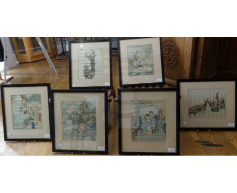 A set of six early 20thC Chinese printed silk Pictures, depicting traditional Chinese rural lake land and interior scenes in 